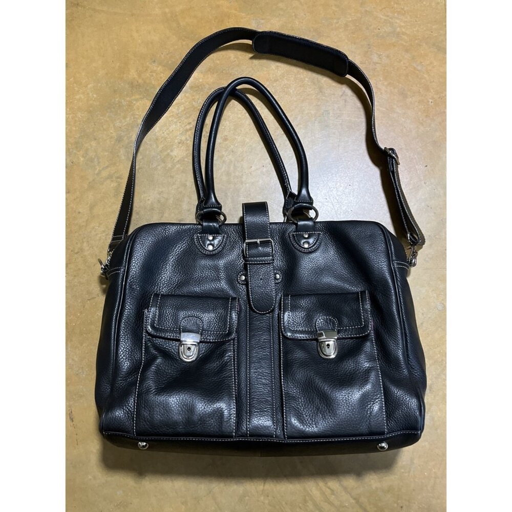 Gina B Black Leather Soft Travel  Bag Purse Briefcase Computer Bag Large Pockets